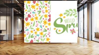 spring floral seamless pattern with simple bright flowers and leaves on white background and script lettering text Hello Spring. Cute natural background. Idea for fashion springtime textile design Wall mural