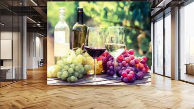 Still life with glasses of red and white wine and grapes in field of vineyard Wall mural