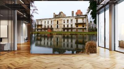 Schlosspark mit Schlossruine und Teich Wall mural