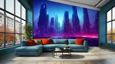 A Digital Illustration of a  futuristic, cyberpunk city with skylines. Neon lights. Illustration of a modern cityscape. Dystopic urban wallpaper. Landscape background Wall mural