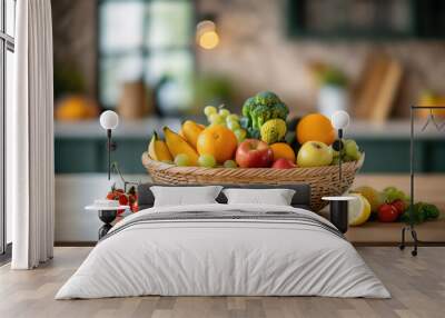 Basket of fresh fruits and vegetables on wooden kitchen table. Wall mural