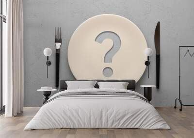 Ceramic plate with question mark over textured gray background. Dieting and nutrition concept. Wall mural