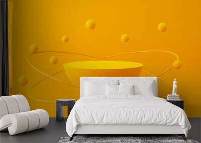 Floating yellow sphere podium, platform or pedestal with rings and orbital spheres. Wall mural