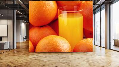 Glass of orange juice surruonded by oranges. Healthy vitamin c beverage Wall mural