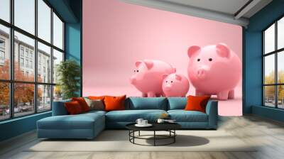 Pink piggy bank family on pink background. Saving money, investment and family household savings concept. Financial planning for the future. 3D rendering. Wall mural