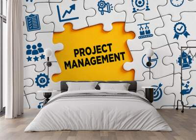 Project management concept. The word project management in a missing puzzle piece with business symbols. Wall mural