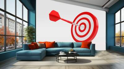 Red dart hitting center of target on white background Wall mural