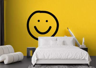 smiling happy face sketch hand drawn with a felt tip marker pen on yellow background. client satisfa Wall mural