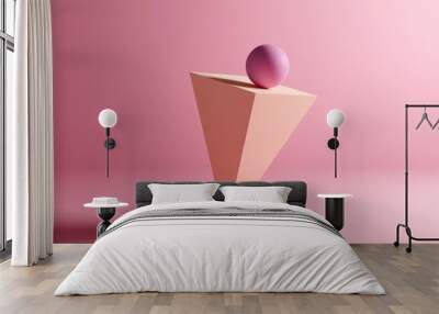 Sphere ball on balance on an inverse pyramid prism geometric shape on pink background. Abstract 3D illustration. Wall mural