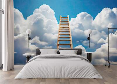 Wooden ladder leading towards the sky with clouds. Wall mural