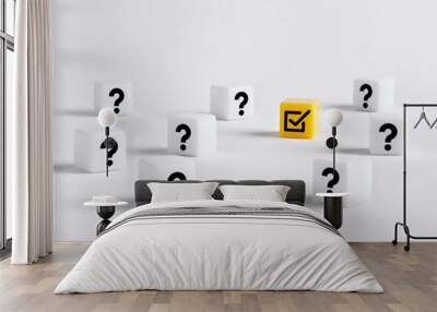 Yellow check mark cube surrounded by question mark cubes Wall mural