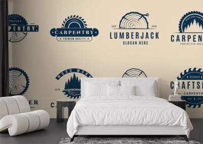 Set carpentry and woodwork vintage logo, with emblem vector illustration design Wall mural