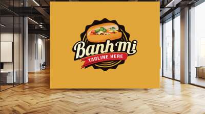 banh mi logo with a combination of a banh mi and beautiful lettering in the form of an eye catching emblem. This logo is suitable for restaurants, food trucks, cafes, etc. Wall mural