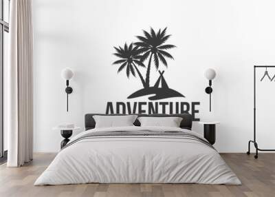 beach camp logo vector graphic with palm, tent, and island for any business. Wall mural