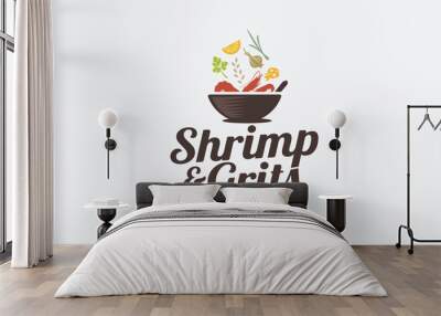 shrimp and grits logo with a combination of a bowl, shrimps, spices, and beautiful lettering. This logo is suitable for food trucks, restaurants, cafes, etc. Wall mural