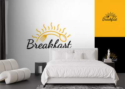 Breakfast typography logo with spoon, fork and sunrise shape. Restaurant icon with breakfast menu, fast food and processed food products. Wall mural