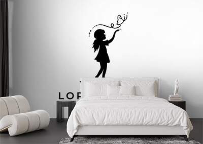 girl playing with butterfly, creative logo design Wall mural