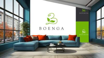 Green letter B logo with leaves. Symbol of nature, gardens, florists, health and natural beauty. Simple, luxury and elegant line art concept with multiple color preview Wall mural