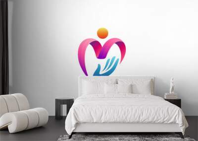 letter M people love and care logo with caring hand symbol colorful design Wall mural