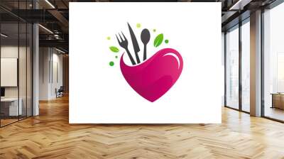 Love eat logo, healthy food logo template. vector of heart shape with spoon, fork and knife, organic product label, diet menu symbol, dining and restaurant logo element Wall mural