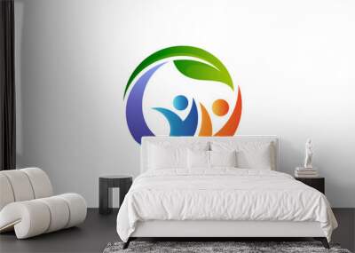 two people logo with leaf, family care icon, medical clinic symbol, healthcare vector Wall mural