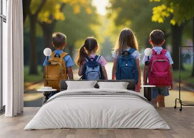 A group of children with backpacks goes to school sunny weather Concept of back to school. blurred background. Ai generation Wall mural