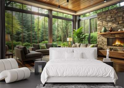 18. cozy luxury living room with furniture, wooden floor, stone wall, modern house in the woods, big windows, beautiful green environment as architecture background, made with Wall mural