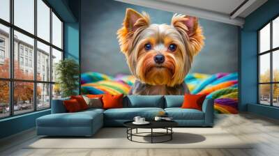 A delightful Yorkshire Terrier relaxes on a fluffy blanket, showcasing a playful demeanor with its bright, sparkling Wall mural