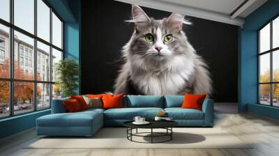 A grey and white cat with oversized, adorable bunny ears rests vigilantly, its bright green eyes ablaze with Wall mural