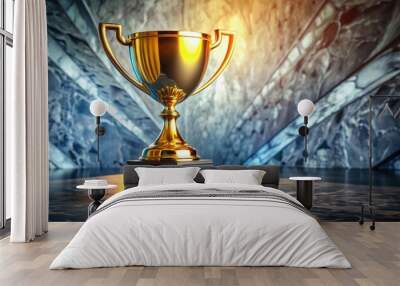 A shining trophy positioned on a smooth marble surface, representing outstanding achievement and success in Wall mural