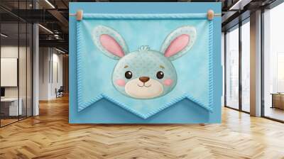 A sweet sky blue banner featuring a chubby fluffy creature with oversized ears and a pretty pink ribbon Wall mural