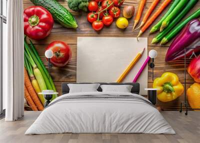 A vibrant assortment of vegetables artistically arranged on a table alongside graphite pencils and sheets of blank Wall mural