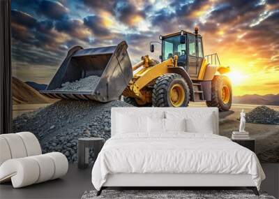 A wheel loader operates on a construction site, efficiently scooping gravel into its bucket, showcasing the power and Wall mural