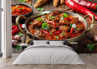 bold vibrant fiery red kadai masala blend sizzling brown mutton pieces dark wooden background warm lunch hour Wall mural