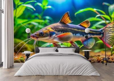 Curious Catfish Swimming Gracefully in a Freshwater Environment with Vibrant Aquatic Plants Nearby Wall mural