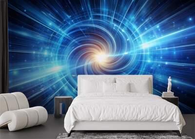 Dynamic swirling vortex of blue light rays speeding through dark space, evoking futuristic energy and technological advancement ambiance. Wall mural