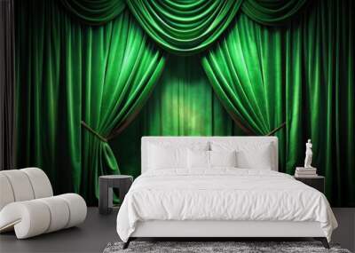 Elegant green velvet curtain on a dimly lit stage, pulled back slightly, revealing a hint of darkness, creating an air of anticipation and mystery. Wall mural