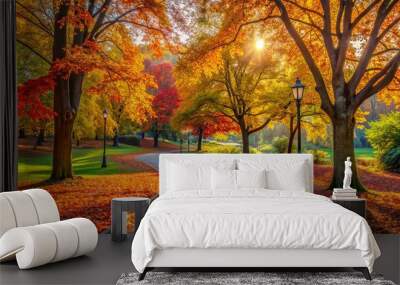 Fall Splendor..A Beautiful Park In The Fall With A Winding Path, Colorful Trees, And A Warm Sun. Wall mural