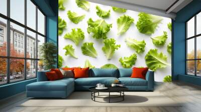 Fresh green lettuce leaves scattered randomly on a transparent white background, creating a clean and minimalist composition, perfect for healthy eating or food-themed designs. Wall mural