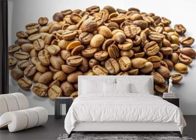 Freshly harvested unroasted coffee beans scattered in disarray on a clean pristine white background with subtle shadows emphasis. Wall mural