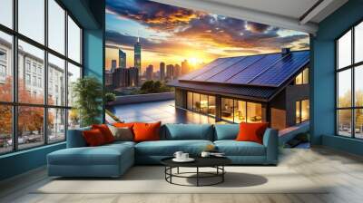 futuristic rooftop solar panel array mounted at a sleek angle on a modern minimalist house with a gleaming metallic skyscraper cityscape background at dusk Wall mural