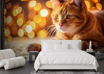 Happy Ginger Cat Paw on Cozy Rug with Bokeh Effect - Relaxing Tabby Cat at Home, Cute Pet Photography, Indoor Feline Comfort, Cat Lover Decor, Warm Living Space Wall mural