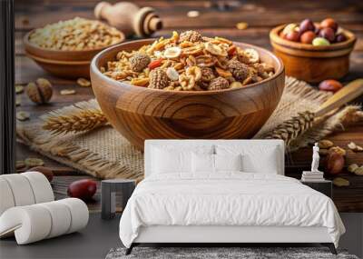 Hearty whole wheat cereals with rolled oats, bran flakes, and crunchy nuts overflowing from a wooden bowl on a rustic wooden table. Wall mural