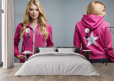 In her vibrant deep pink zip-up hoodie featuring a star design on the front and back, the young Wall mural