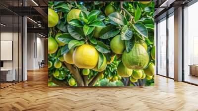 Mature citrus pomelo tree with lush green foliage and ripening round fruits hanging from branches Wall mural