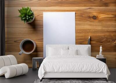 Minimalist wooden desk with a crisp blank sheet of white paper, awaiting creative expression, surrounded by ample space for notes and ideas to flow freely. Wall mural