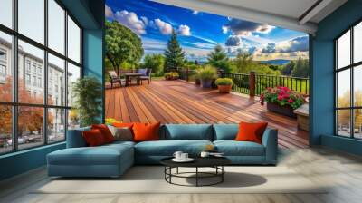 Modern Composite Decking in a Beautiful Outdoor Setting with Lush Greenery and Blue Sky Background Wall mural