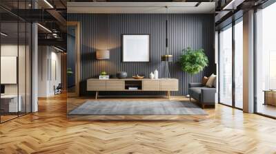 Modern dark-walled living room interior design featuring empty frame mounted above sleek cabinet amidst minimalist luxurious decor ambiance rendering. Wall mural