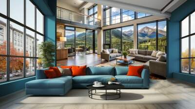 Modern loft-style apartment interior in Colorado, featuring large windows, wooden floors, and a stunning mountain view through the balcony sliding glass doors. Wall mural