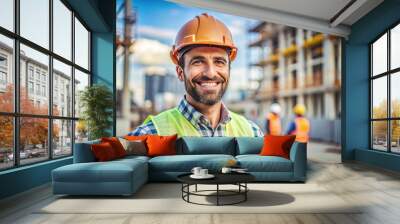 Portrait of a Construction Engineer smiling at construction site, Generative ai Wall mural